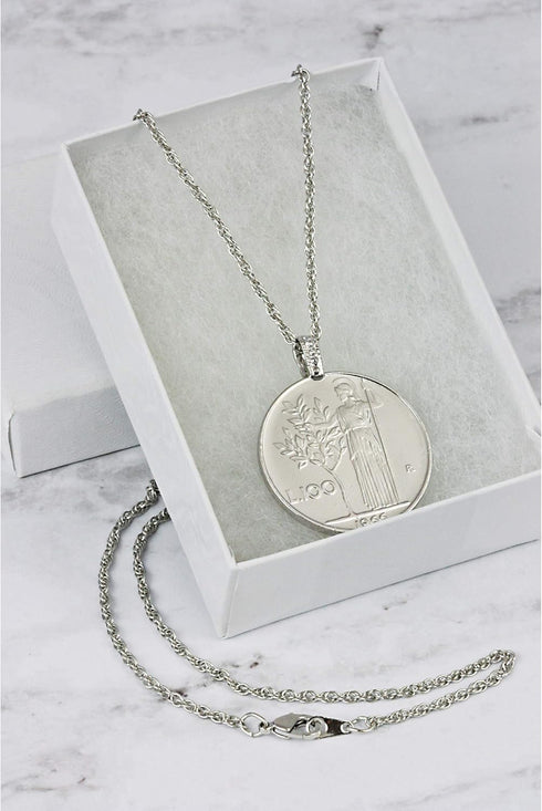 American Coin Treasures Italian Lire Coin Pendant Necklace - L.100 Jewelry Lira Coin from Italy for Collectors with Silvertone Chain & Lobster Cla...