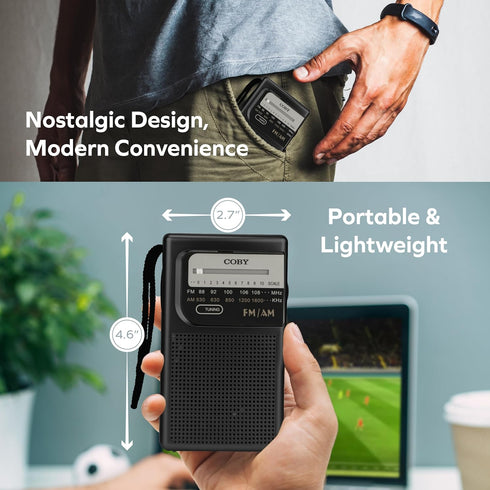Coby Portable AM/FM Radio, Retro Pocket Radio for Indoor or Outdoor Use, Emergency-Preparedness Essential, 800-Hour Battery, Powerful Speakers, In...
