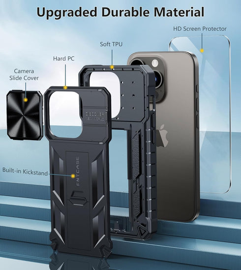 FNTCASE for iPhone 15 Pro Case: Military Grade Drop & Shock Protection Cell Phone Cover with Kickstand & Slide | Rugged Protective Bumper Textured...