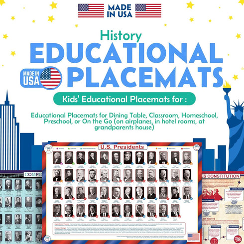 Tot Talk U.S. Presidents Educational Placemat for Kids – Double-Sided, Waterproof & Wipeable – Learn About Presidents, Political Parties, History,...