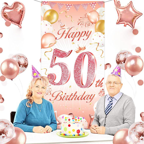 DPKOW Rose Gold 50th Birthday Banner - Backdrop, Wall & Garden Decoration, 185 x 90cm Fabric...