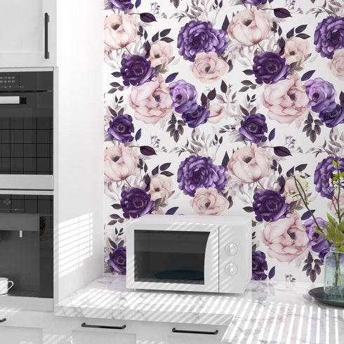 White Purple Big Floral Wallpaper Peel and Stick Boho Contact Paper Modern Self Adhesive Vinyl Removable Stick on Bedroom Bathroom Countertop Cabi...