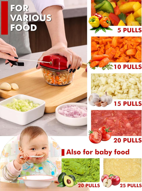 Manual Food Processor Vegetable Chopper, Geedel Pull Chopper with String, Food Chopper Vegetable Cutter for Veggies, Fruits, Salad, Onion, Nuts, H...