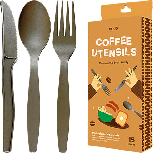 EQUO Coffee Disposable Utensil Set (Pack of 30 Forks, Spoons, Knives - 10 each) - Plastic-free, Home-compostable, Heat-safe utensils for Parties, ...