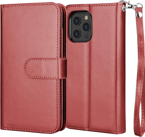 Njjex iPhone 12 Pro Max Wallet Case (2020) with 9 Card Slots, PU Leather, Detachable Kickstand, Lanyard & Magnetic Closure - Wine Red...