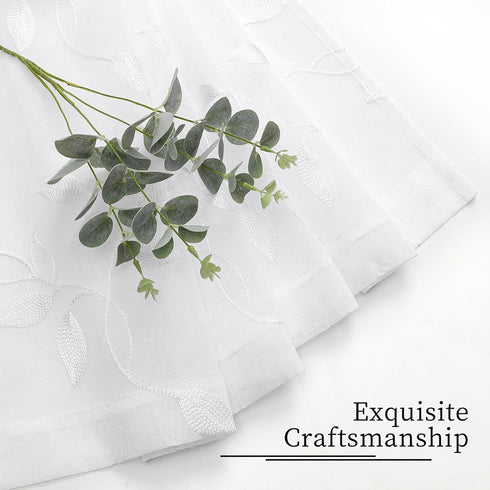 Tollpiz White Leaf Sheer Tier Curtain Leaves Embroidered Kitchen Curtains Rod Pocket Voile Bathroom Window Treatment for Cafe, 30 x 36 inches Long...