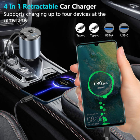 Paiholy 4 in 1 Retractable Car Charger,120W Super Fast Car Charger, Dual Type-C Retractable Cables and 2 USB Ports Car Charger Compatible with Sam...