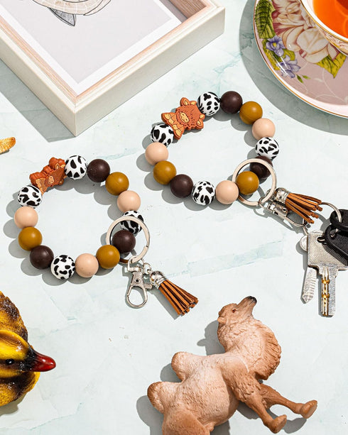 4 Pcs Highland Cow Wristlet Keychain Highland Cow Gifts for Women Girls Cute Silicone Cow Print Bead Bracelet Keychains...