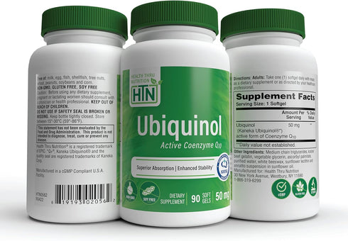 Health Thru Nutrition Ubiquinol 50mg 90 Softgels as Kaneka QH Reduced CoQ-10 | Stabilized - 3rd Party Tested | Enhanced Bioavailability | Cardiova...
