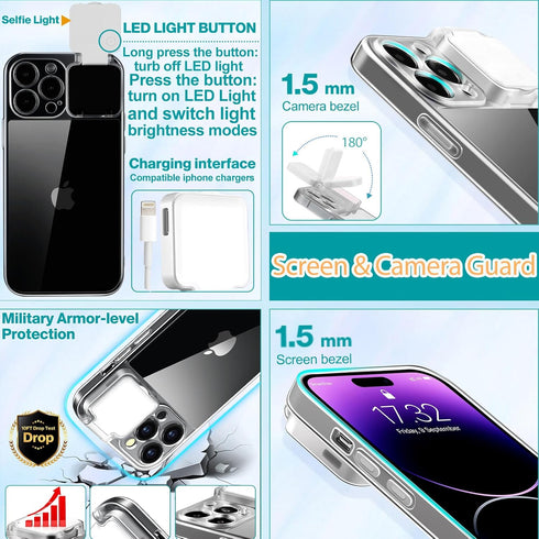 Selfie Light for iPhone 15 Case with LED Built-in Light-Up Fill Light Rechargeable for TIK Tok/Stream/Makeup/Live/Video- Selfie (2 Models, 3 Level...