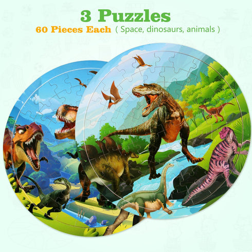 Wooden Dinosaur Puzzles for Kids Ages 4-6, Set of 2 Packs with 48-Piece Jigsaw Puzzles Preschool Educational Brain Teaser Boards Toys Gifts Childr...