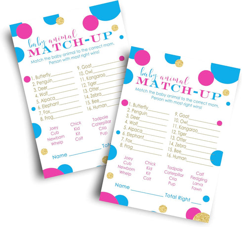 Baby Shower Animal Matching Games - 25 Pack - Fun Guessing Gender Neutral Party Game Cards - Boy or Girl Favors, Pink and Blue, 4x6...