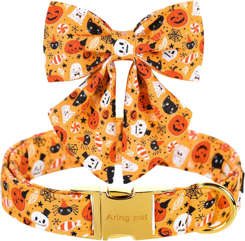 ARING PET Dog Collar, Halloween Dog Collar with Detachable Bow Tie, Adjustable Ghost Pumpkin Bowtie Dog Collar with Metal Buckle...