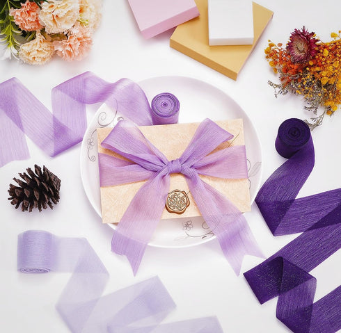 3 Roll 1.5In Wide 16Yd Purple Crinkle Silk Ribbon Handmade Fabric Chiffon Ribbon Craft Ribbon for Bridal Bouquet Gift Wrapping Invitation Home Dec...