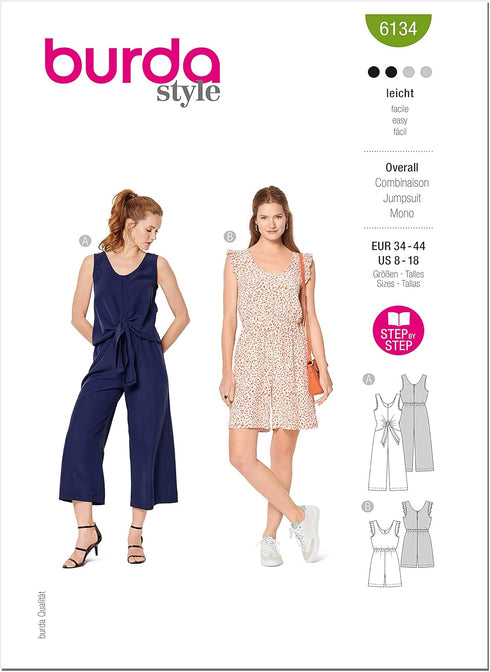 Burda Style Misses' Sleeveless Jumpsuit and Romper, Code 6134 Sewing Pattern Kit, Sizes 8-18, Multicolor...