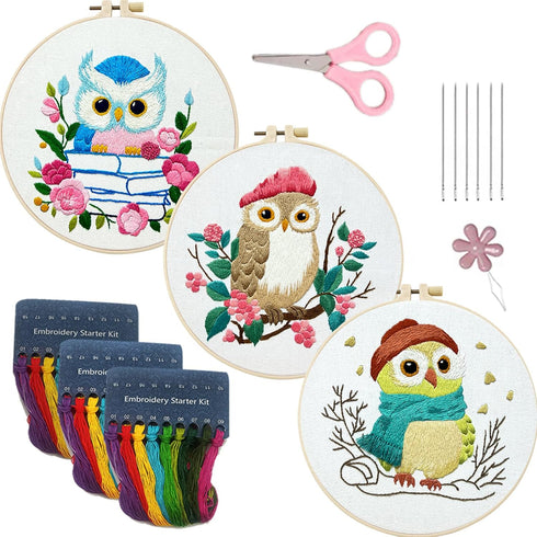 Sbewco Embroidery kit,Embroidery Starter Kits for Adults Beginners with Stamped Pattern,Embroidery Floss + Needles + Hoop, OWL 3 Pack......