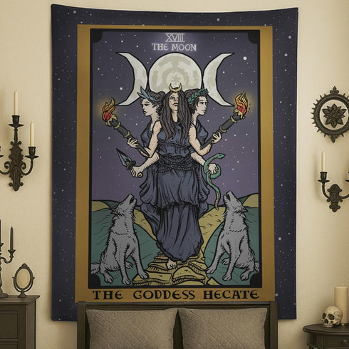 The Goddess Hecate Tarot Card Tapestry - Triple Moon Goddess of Witchcraft Hekate Wheel Pagan Witch Wall Hanging (60" x 50")...