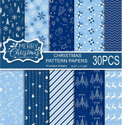 MIAHART 30 Sheets Merry Christmas Pattern Paper Set A4 Size 10 Designs Festival Decorative Craft Paper Double-Sided for Card Making Scrapbook, Blu...
