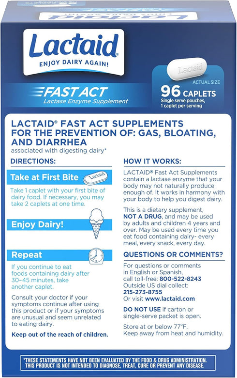 Lactaid Fast Act Lactose Intolerance Caplets with Lactase Enzyme to Prevent Gas, Bloating & Diarrhea Due to Digesting Dairy, Ideal for Travel & On...