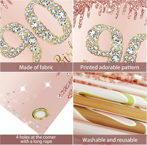 Happy 90th Birthday Banner Backdrop Decorations for Women, Rose Gold 90 Birthday Party Sign Supplies, Pink 90 Year Old Birthday Poster Background ...
