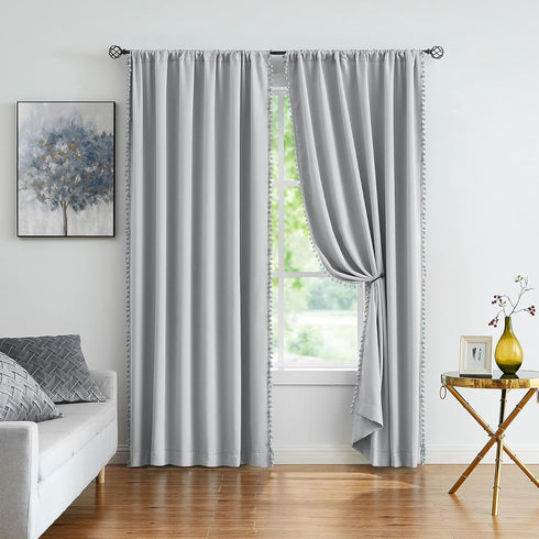 Treatmentex Pom-Pom Grey Blackout Curtains 45inches Short Window Curtain Panel Set for Laundry Basement Drapes for Kids 2 Panels Rod Pocket...
