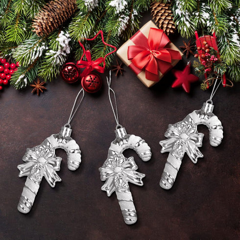 GWHOLE 12Pcs Christmas Candy Cane Ornaments, Glitter Twisted Plastic Candy Cane Cute Bowknot Design with Strings for Christmas Tree Hanging Orname...