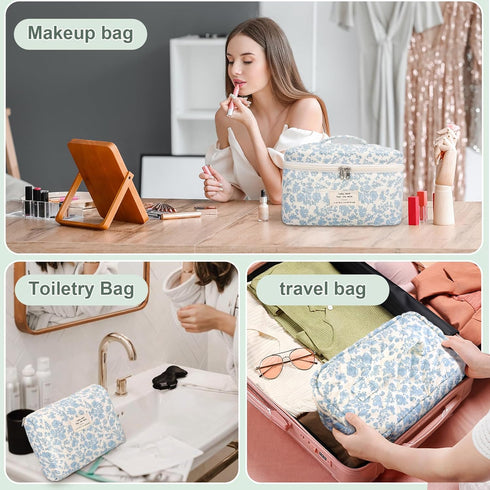 3Pcs Cotton Quilted Makeup Bag Large Travel Cosmetic Bag Coquette Makeup Pouch Cute Aesthetic Floral Toiletry Bag for Women Girls...