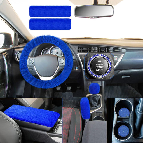 10 Pieces Fluffy Steering Wheel Covers Handbrake Cover Seat Belt Shoulder Pads Gear Shift Cover Diamond Coaster Ignition Ring Ball Key Chain Armre...