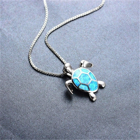 Cute Turtle Pendant Necklace Lovely Animals White Created Fire Opal Silver Chain Necklace Jewellery Gifts (Blue)...