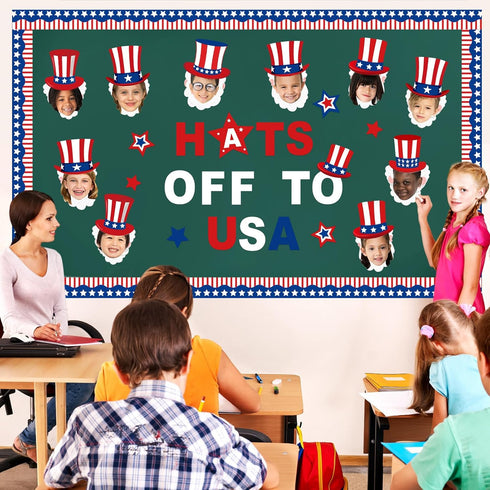 68 Pcs 4th of July Bulletin Board Decorations Hats off to USA Bulletin Board Hollow Cutouts American Flag Bulletin Board Border for Independence D...