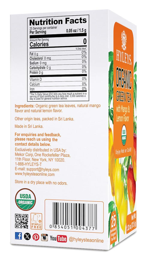 Hyleys Organic Green Tea Mango and Lemon Flavor - 25 Tea Bags...