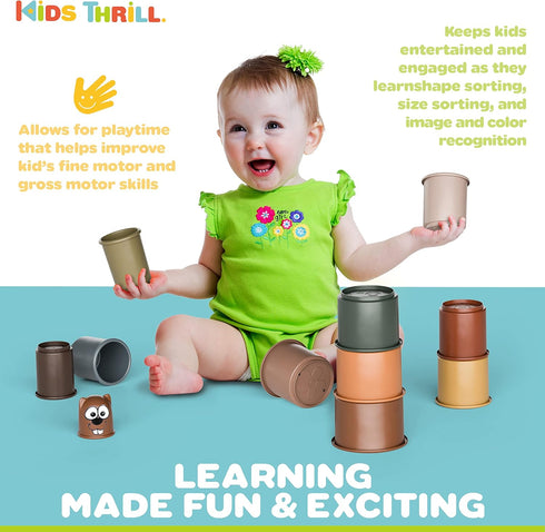 Kidsthrill Set Brown-theme Modern Design 11 Stacking Cups Baby Toys for Boys & Girls, Drain Holes for Baby Bath Toys Pool Toys and for Beach Sand ...