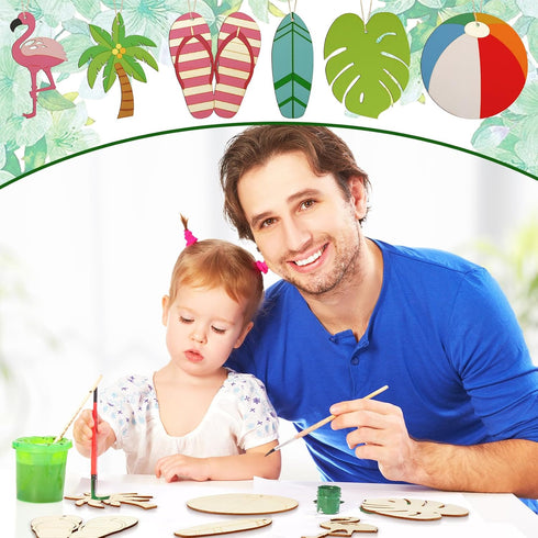 Simgoing 36 Pcs Unfinished Wood Summer Cutouts Hawaiian Wood DIY Paint Crafts Tropical Beach Ball Palm Tree Flip Flop Shaped Hanging Ornaments wit...