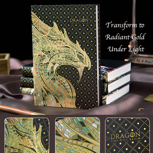 Elegent Hardcover Journal, 5"x7" Lined Notebook, Gilded Mosaic Dragon Art, 256 Deco Pages, Fantasy Journal Gift suitable as Personal Diary, Readin...