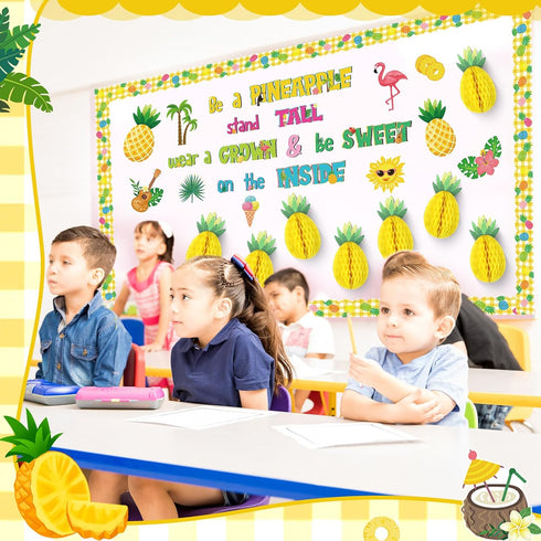 70 Pcs Summer Bulletin Board Decorations Set Tropical Pineapple Classroom Decor with Pineapple Honeycomb Ball Flamingo Palm Tree Flower Cutouts Bo...
