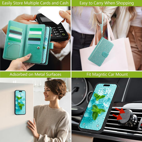 Varikke for iPhone 11 Wallet Case Detachable with 9-Card Holder for Women, Fashion Glitter PU Leather Wrist Strap Strong Magnetic Flip Wallet Remo...