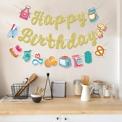 Bake Themed Birthday Banner, Sweet Chef Birthday Banner, Baking Birthday Party Decor, Cookout Themed Party Decorations, Bakery Supplies, Gold Glit...