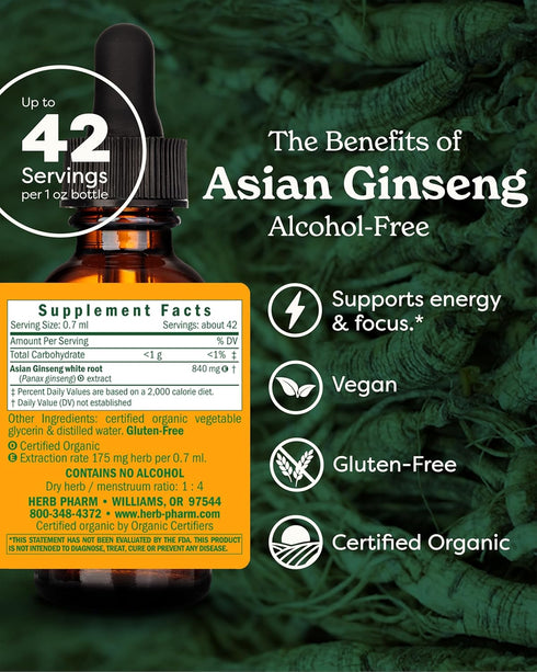 Herb Pharm Asian (Panax) Ginseng Liquid Glycerite for Energy and Stamina, Alcohol-Free Glycerite, 1 Oz...