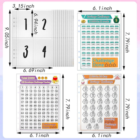 25 Sheets A5 Ring Binder Inserts for 100 Envelopes Money Saving Challenge Binder, with 3 Sheets Savings Challenge Tracker, Pre-Labeled 1-100 Money...
