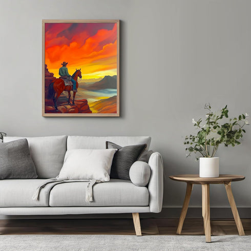 Posterizer 1 pcs-vibrant painting style art-cowboy on horse in the wild 2-Western Art-Men's Art Collection-Living Room Bedroom Decor- unframed wal...