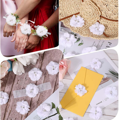 30 PCS Flower Appliques, Rhinestone Flowers for Graduation Cap Chiffon Fbric Pearl Craft Chiffon Supplies Lace Sewing Fabric Appliques for Clothin...