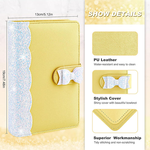 Onlyesh Budget binder, Shiny A6 Binder, Refillable 6 Ring Mini Binder for A6 Filler Paper, Leather Binder Cover with Magnetic Buckle Closure, Yell...