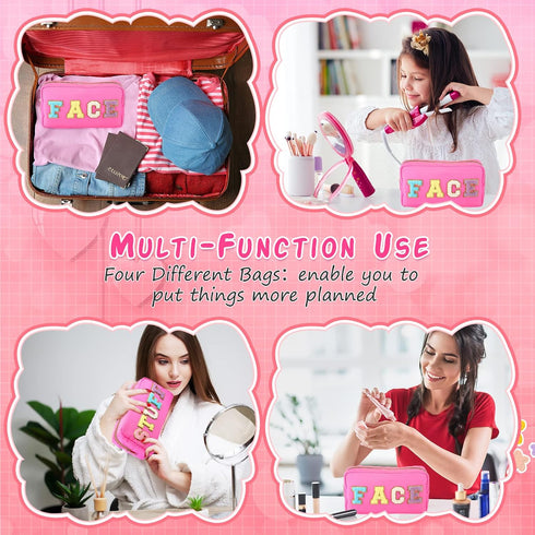 Hillban 4 Pack Chenille Letter Bag Makeup Bag Preppy Skincare Bag Nylon Cosmetic Pouch Zipper Waterproof Organizer Makeup Travel Bag Set for Teen ...
