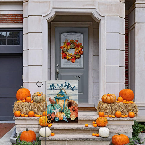 Thankful Nautical Pumpkin Lantern Home Decorative Garden Flag, Thanksgiving Yard Lawn Fall Coastal Outside Decor, Autumn Farmhouse Beach Outdoor S...
