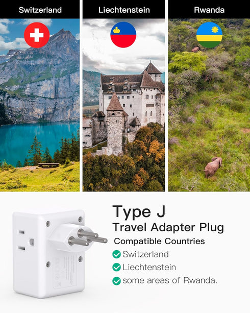 Switzerland Travel Plug Adapter, Swiss Outlet Adapter with 3 Outlets 3 USB Charging Ports(1 USB C), Type J Power Adapter, Travel Essentials US to ...