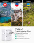 Switzerland Travel Plug Adapter, Swiss Outlet Adapter with 3 Outlets 3 USB Charging Ports(1 USB C), Type J Power Adapter, Travel Essentials US to ...