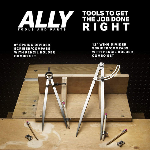 ALLY Tools 12 Inch Precision Locking Wing Divider/Woodworking Compass with Pencil Holder INCLUDES Two Pencils and Pencil Sharpener Ideal for Drawi...
