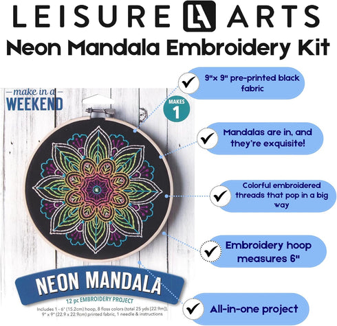 Leisure Arts Embroidery Kit 6" Neon Mandala- cross stitch kits for beginners - embroidery kit for beginners - embroidery kits for adults - embroid...