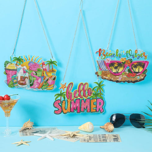 Burbell 3 Pcs Summer Diamond Painting Kits Beach Sunglasses Smoothie Diamond Art Hanging Ornament Sign Summer DIY Diamond Painting Art Kits for Su...