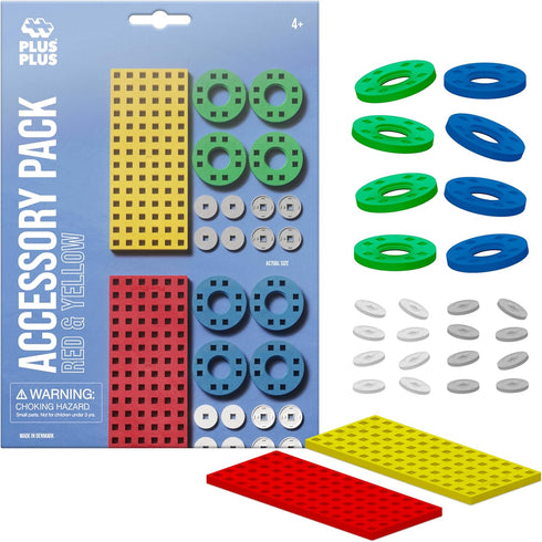 PLUS PLUS - Accessory Pack, Red & Yellow - 2 Baseplates, 8 Wheels - Construction Building Stem/Steam Toy, Interlocking Mini Puzzle Blocks for Kids...
